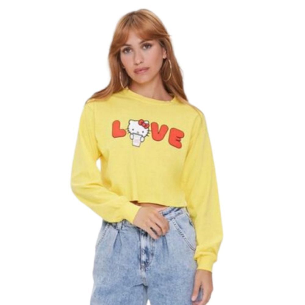 HELLO KITTY x CUP NOODLE shirt long sleeve yellow love crop tee M/L